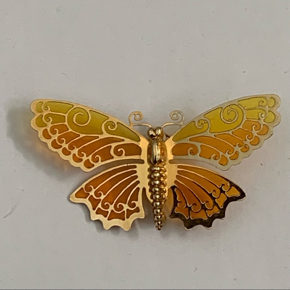 Avon Yellow Gold Tone Butterfly Pin Delicate Transparent Vintage Signed